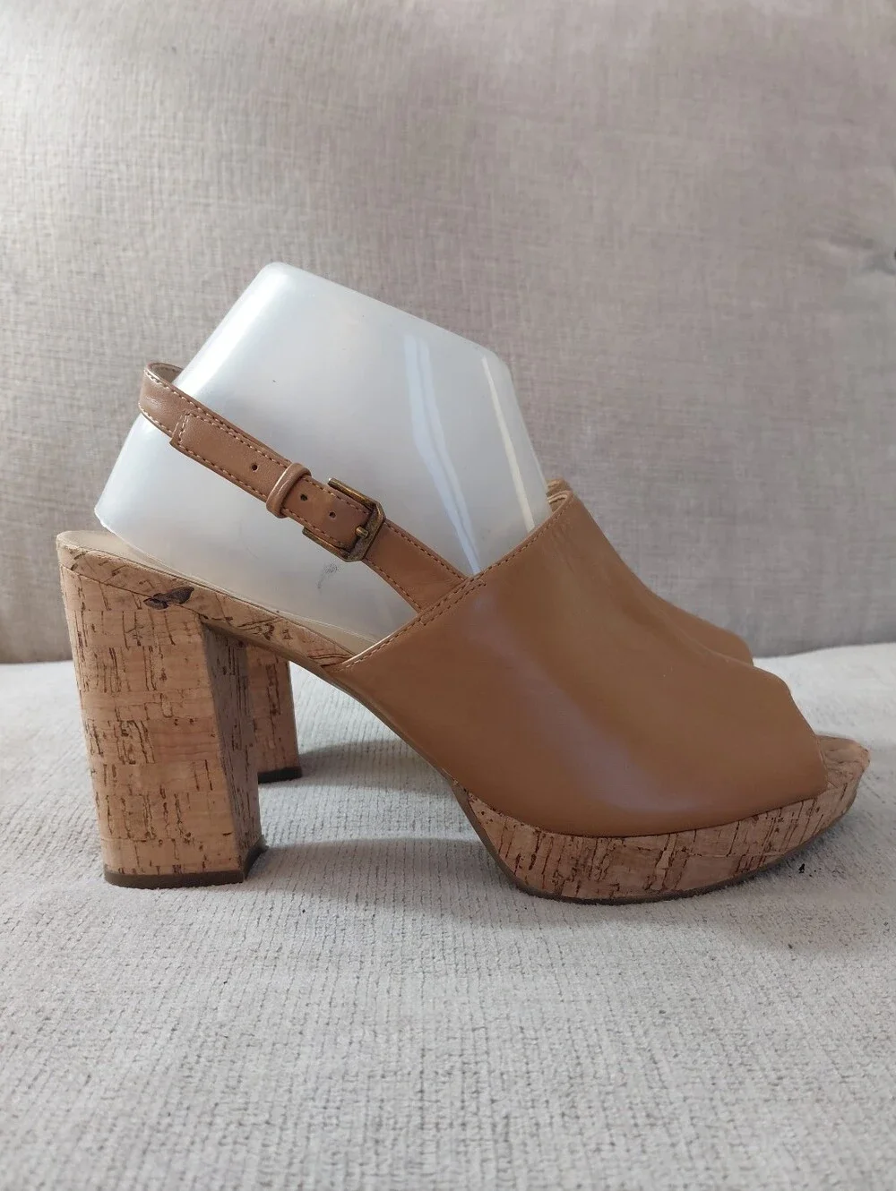 Naturalizer Tan Cork Platform Peep-Toe Block Heel Sandals Size 9.6